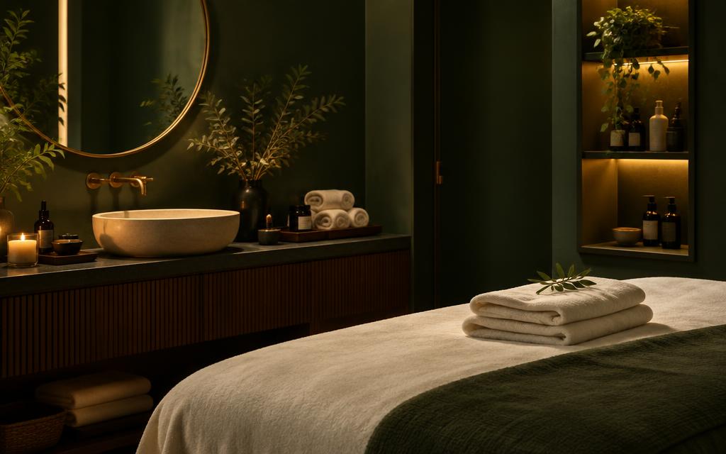 Warmly lit facial treatment room with fresh towels