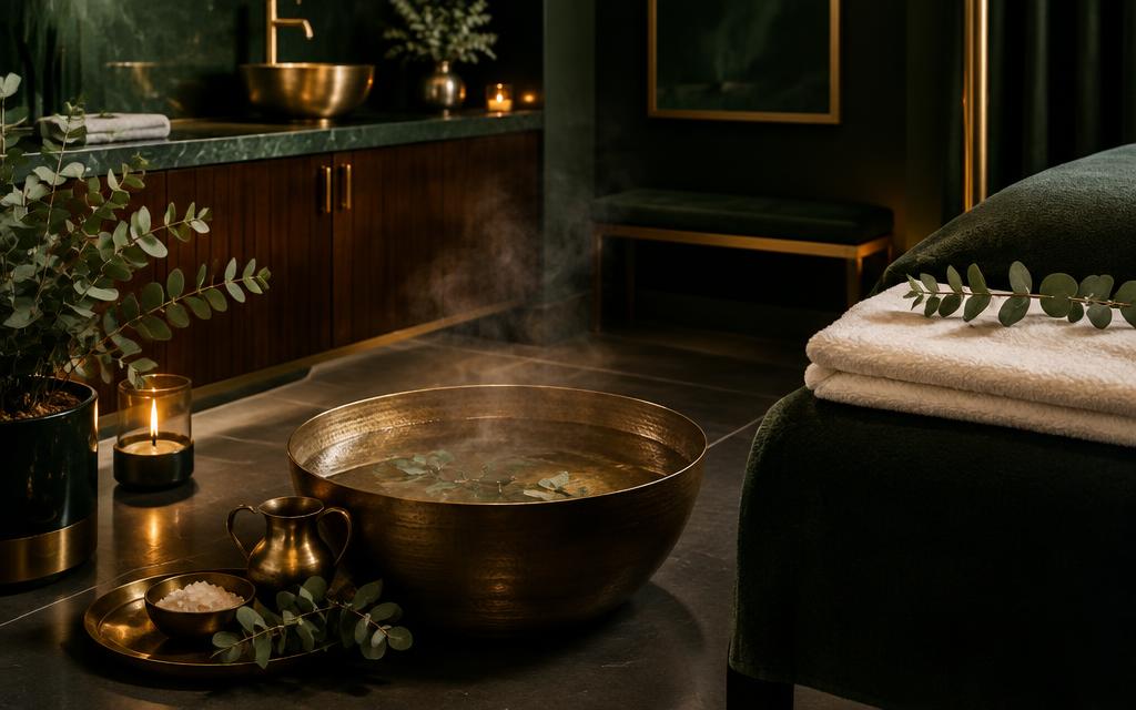 Brass foot spa bowl with eucalyptus and folded towels