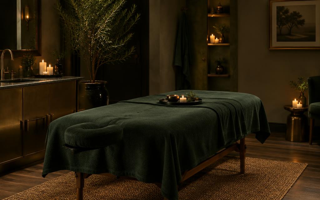 Candlelit full body massage room with forest green linen